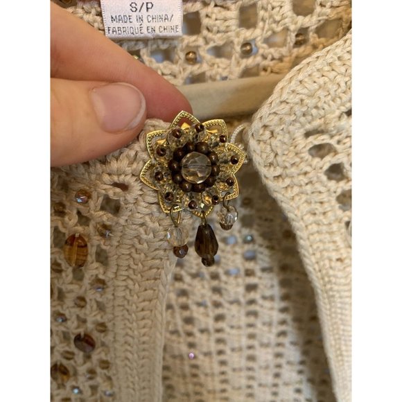 Vtg Y2K Cottage Core Ecru Crochet Gem Beaded Open shrug Cardigan Broach Clasp - Picture 3 of 10